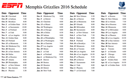 Memphis Grizzlies 2015 - 2016 Schedule