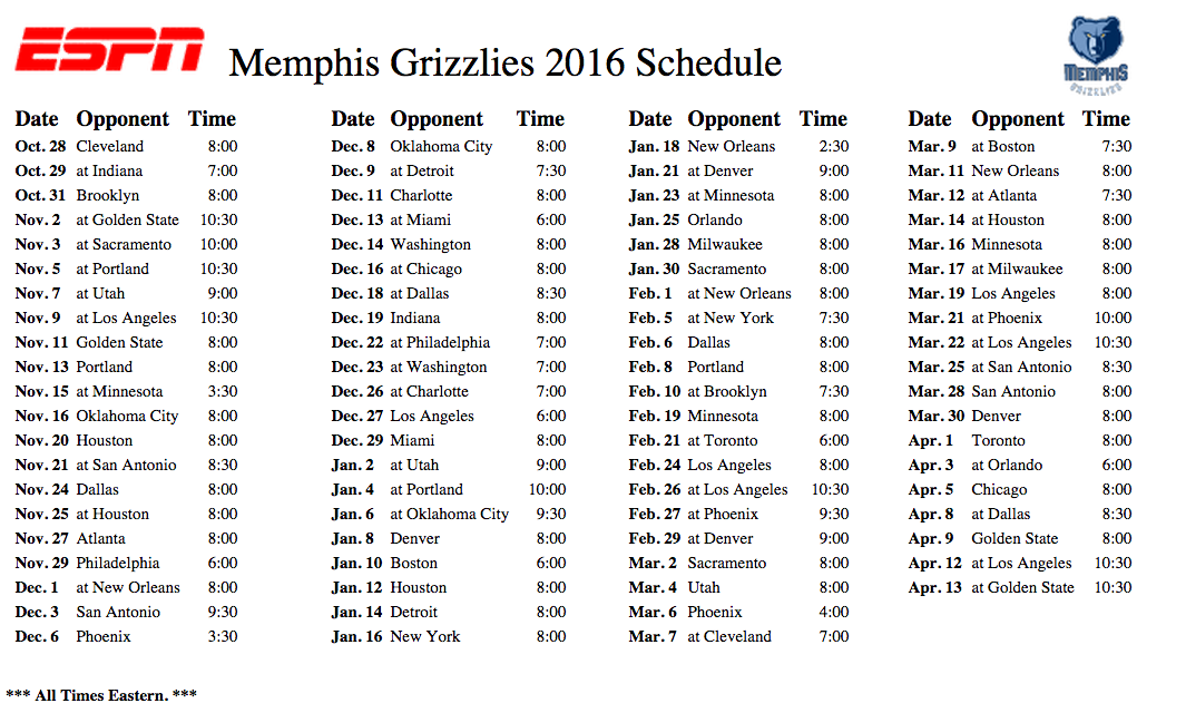 Memphis Grizzlies 2015 2016 Schedule